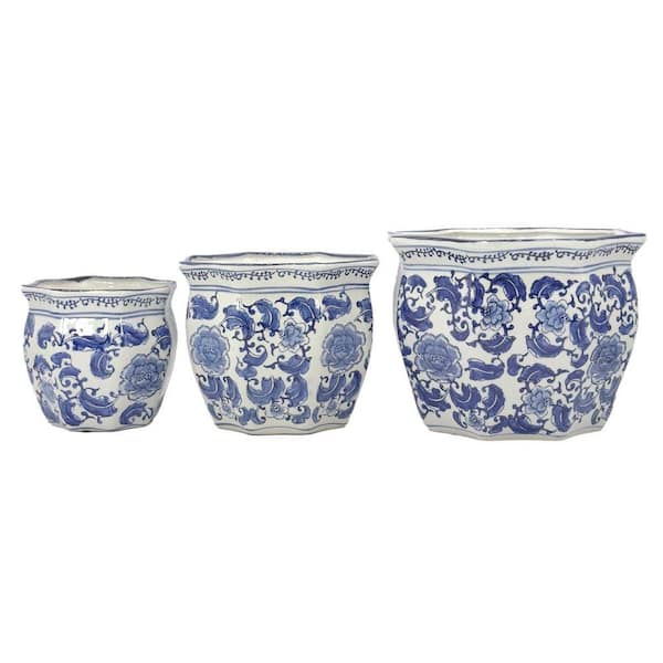 Set of 3-7.5 in. / 10 in. / 13 in. White and Blue-Classic Floral Ceramic Chinoiserie Planter Pot Set