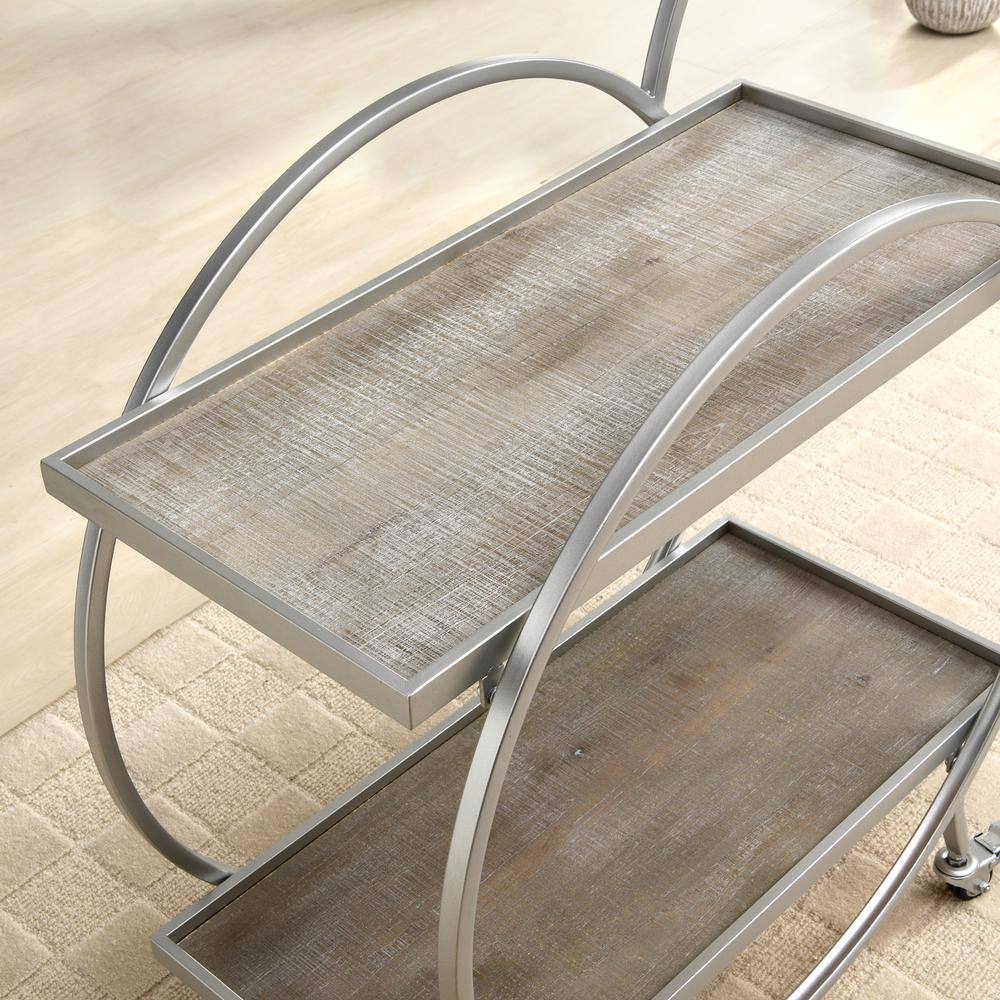 Silver and Gray Round Metal Bar Cart with Wooden Shelves