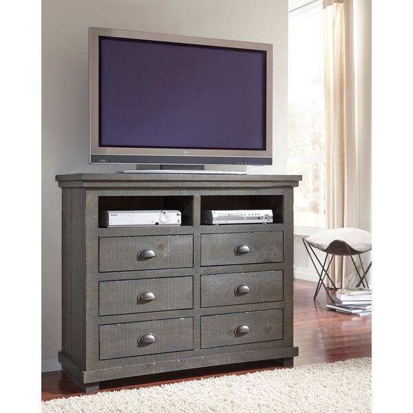 Progressive Furniture Willow 48 in. Distressed Dark Gray Wood TV Stand with 6 Drawer Fits TVs Up to 50 in. with Cable Management