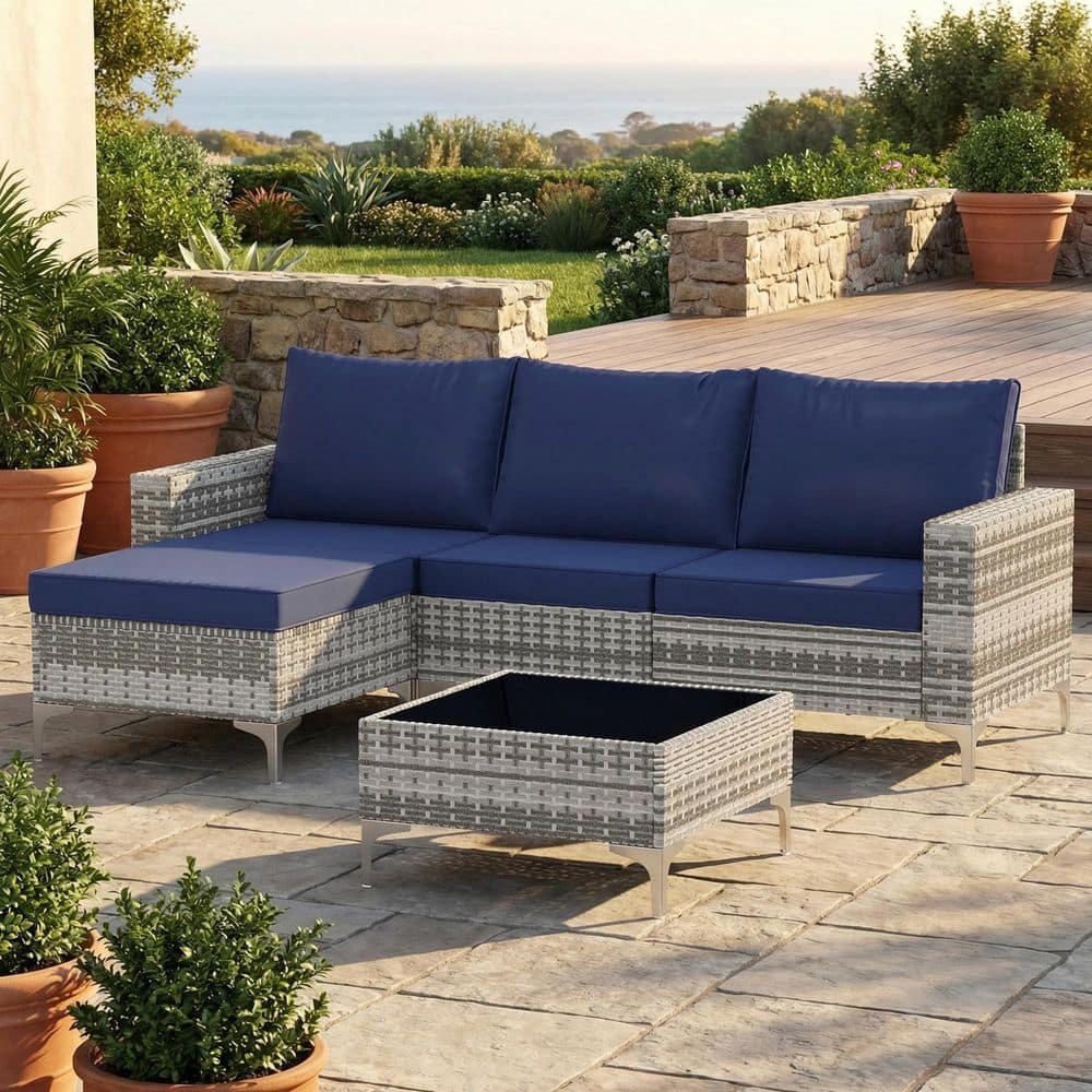 Gray 5-Piece Wicker Outdoor Patio Conversation Set with Blue Cushions and Glass Coffee Table price history on PriceWatchPro