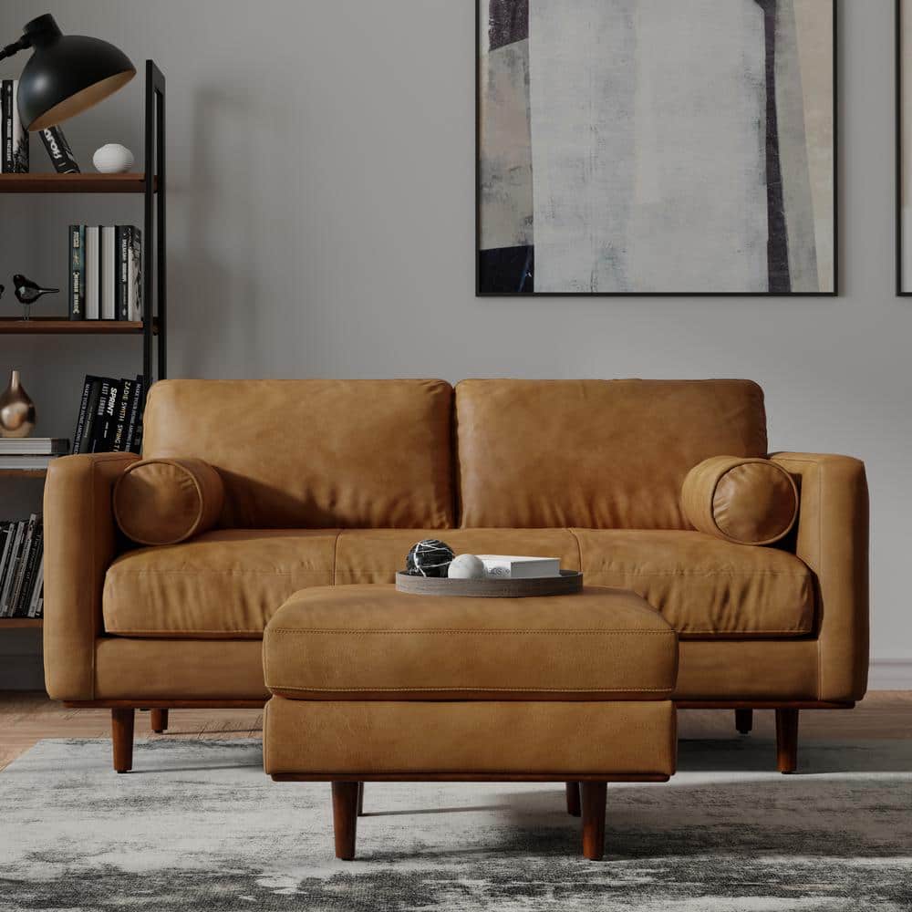 Morrison Sienna Leather Mid-Century Modern Sofa with Ottoman