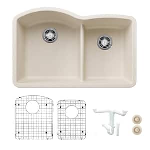 Diamond 32.07 in. Undermount Double Bowl Soft White Granite Composite Kitchen Sink Kit with Accessories