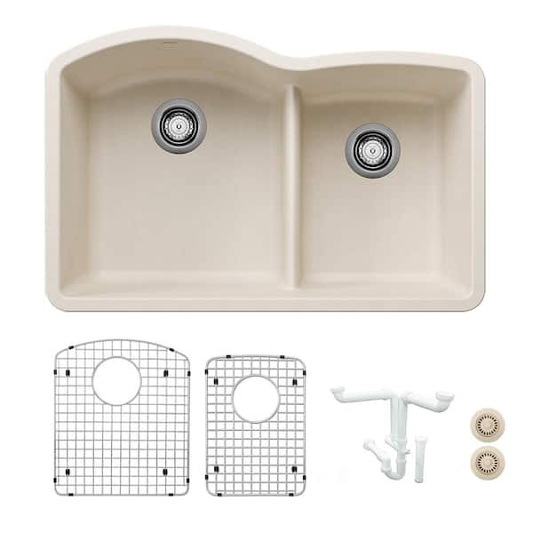 Diamond 32.07 in. Undermount Double Bowl Soft White Granite Composite Kitchen Sink Kit with Accessories