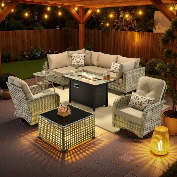 Solvoc 9-Piece Wicker Outdoor Patio Conversation Set with 42 in. Fire Pit Table, Beige Cushions and Swivel Chairs