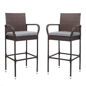 29.5 in. Seat Height Wicker Outdoor Bar Stool with Gray Cushion (2-Pack)