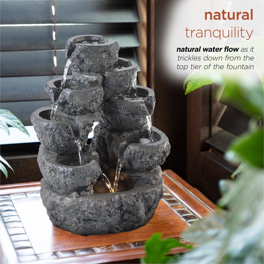 14" Gray Resin 5-Tier Cascading LED Waterfall Fountain