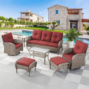 Carlos 7-Piece Gray Wicker Outdoor Sofa set Patio Conversation Set with Red Olefin Cushions