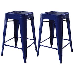 24 in. Blue Metal, Backless, Stackable Bar Stool (Set of 2)