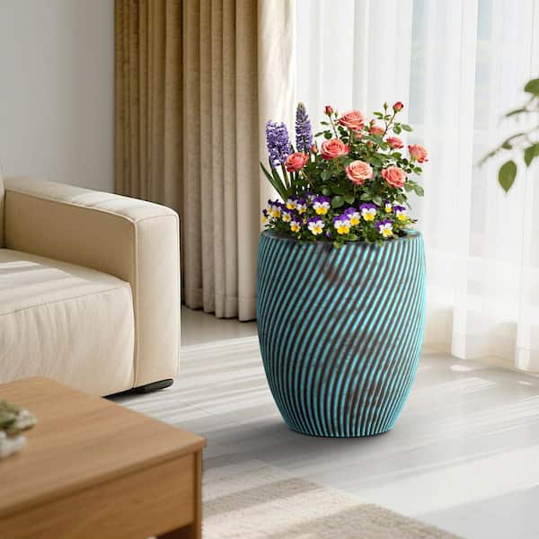 21 in.W x 23.5 in.H Tall Round Concrete Flower Plant Pot with Turquoise Stripes Extra Large Planter with Drainage Holes