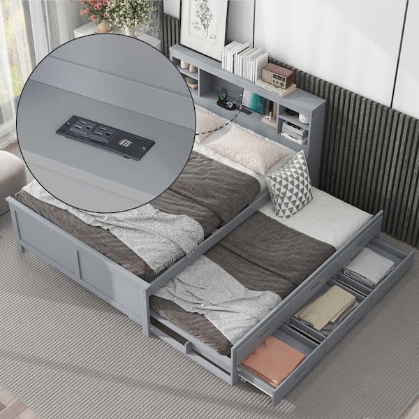 Polibi Gray Wood Frame Full Size Platform Bed with Storage