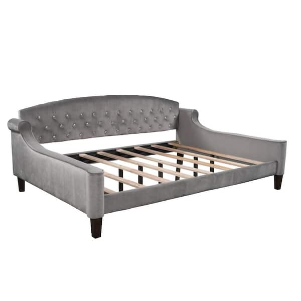 Full Size Upholstered Button Tufted Sofa Bed with Drawers and Waved Shape  Arms, Gray - ModernLuxe