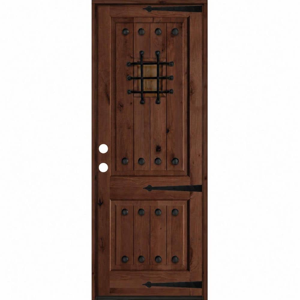 32 in. x 96 in. Med. Knotty Alder Square Top Right-Hand/Inswing BEHR Red Mahogany Stain Single Wood Prehung Front Door price history on PriceWatchPro