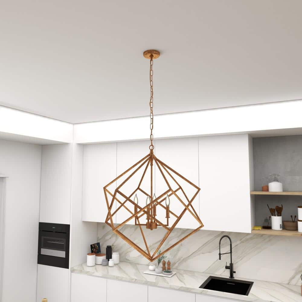 Gold Geometric Metal Chandelier with Link Chain, 25" x 30"