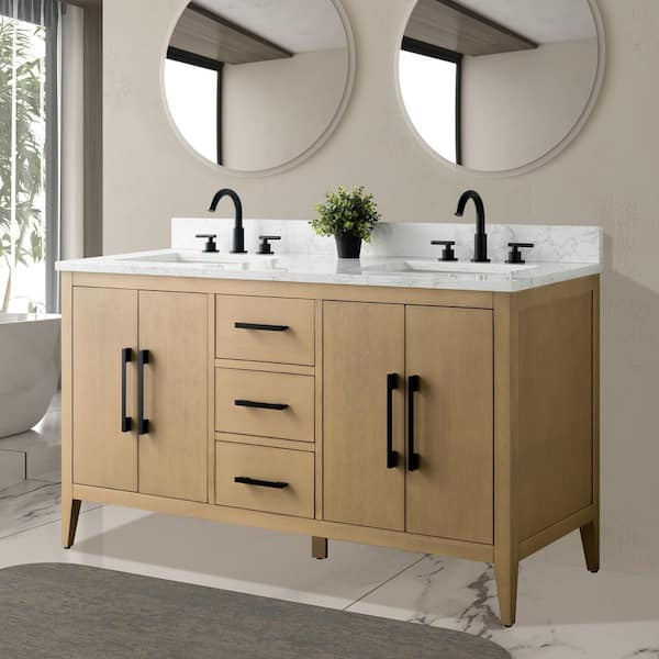 60 in. W x 22 in. D x 34 in. H Double-Sink Bathroom Vanity in Natural Oak with Engineered Marble Top in Arabescato White
