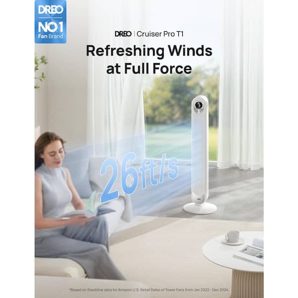 42 in. Tower Fan, 6-Speeds, 12 H Timer, 90° Oscillation with Remote, AC Motor in White