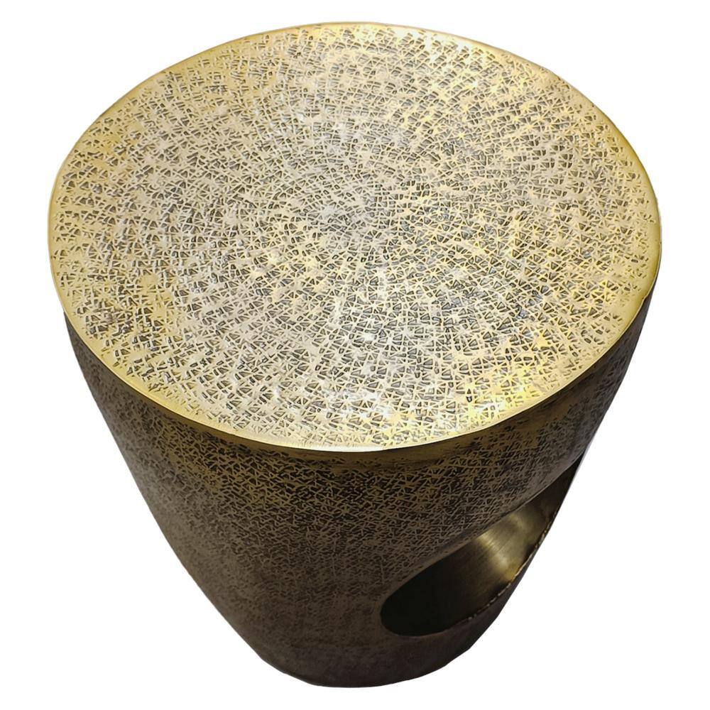 Antique Brass Round Metal Drum Side Table with Hollow Center