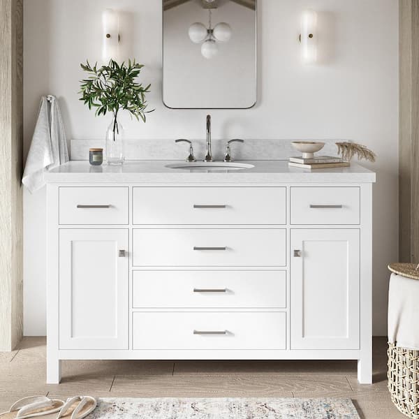 ARIEL Bristol 55 in. W x 22 in. D x 36 in. H Freestanding Bath Vanity in White with White Marble Top