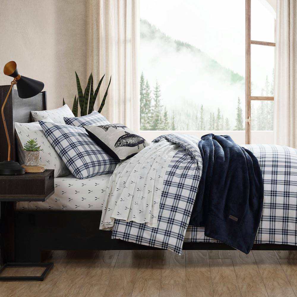 Navy Blue Plaid Cotton Full/Queen Duvet Set with Shams