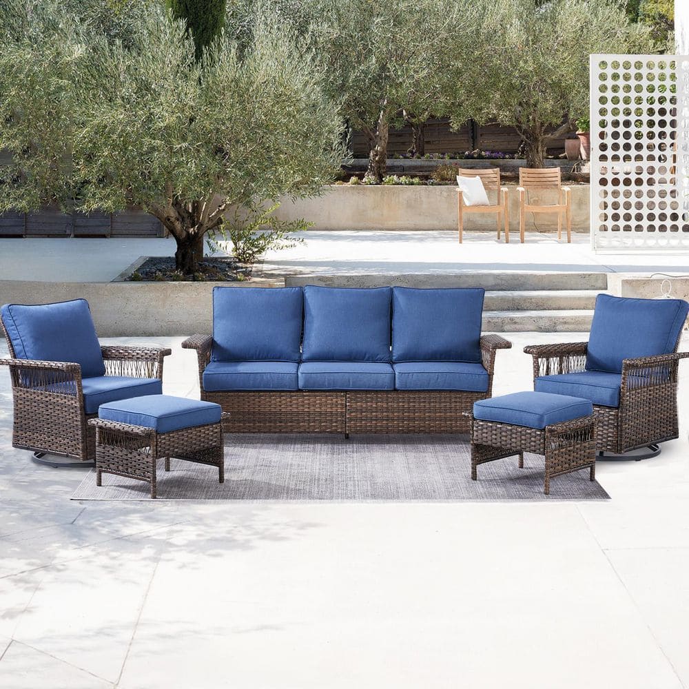 SeagullWing 5-Piece Brown Wicker Patio Conversation Set with Olefin Blue Cushions and Patio Swivel Chairs/Couch price history on PriceWatchPro