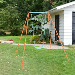 Orange Metal Outdoor Kids Swing Set Heavy-Duty A-Frame with Ground Stakes