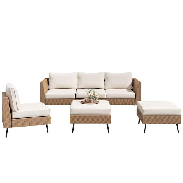 6 Piece Outdoor Sectional Sofa PE Rattan Patio Conversation Sets All Weather Patio Furniture Set with Beige Cushions