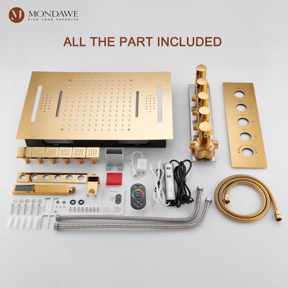 Luxury Gold Ceiling Mounted Dual Shower System with LED and Bluetooth Speaker