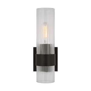 Geneva 4.5 in. W x 12.625 in. H 1-Light Aged Iron Mid-Century Modern Dimmable Wall Sconce with Clear Fluted Glass Shade