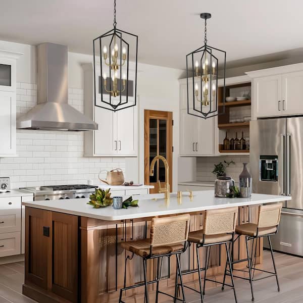 Traditional 8-Light Black Chandelier, Farmhouse Brass Caged Hanging Light, Tiered Kitchen Island Pendant Light for Foyer