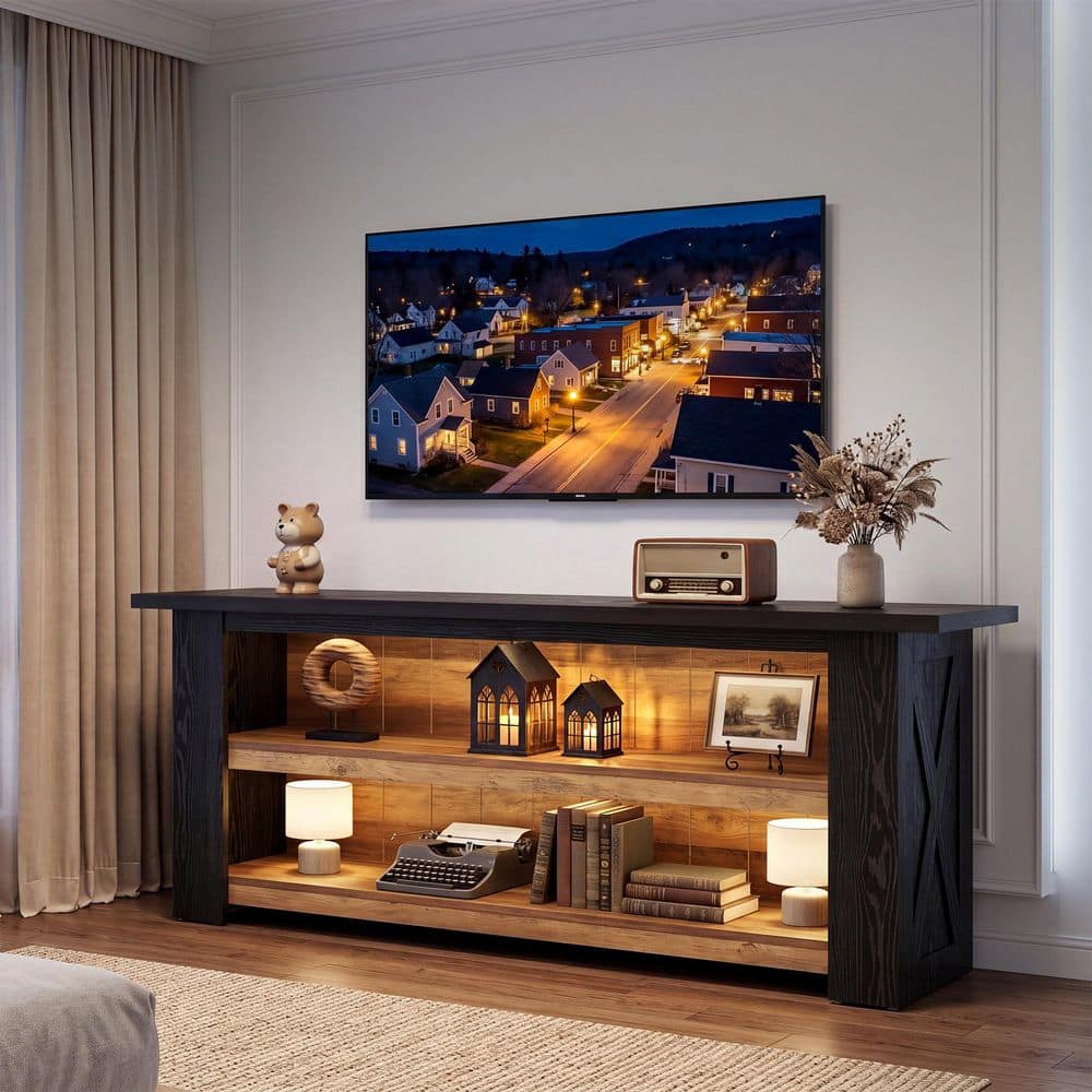 Ezlynn Black TV Stand Fits TVs up to 50 to 65 in, Farmhouse Entertainment Center with Storage, 2-Tone