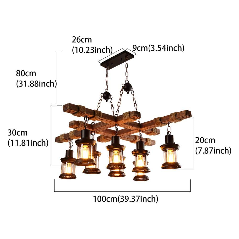 Rustic Brown Metal and Wood 8-Light Lantern Chandelier