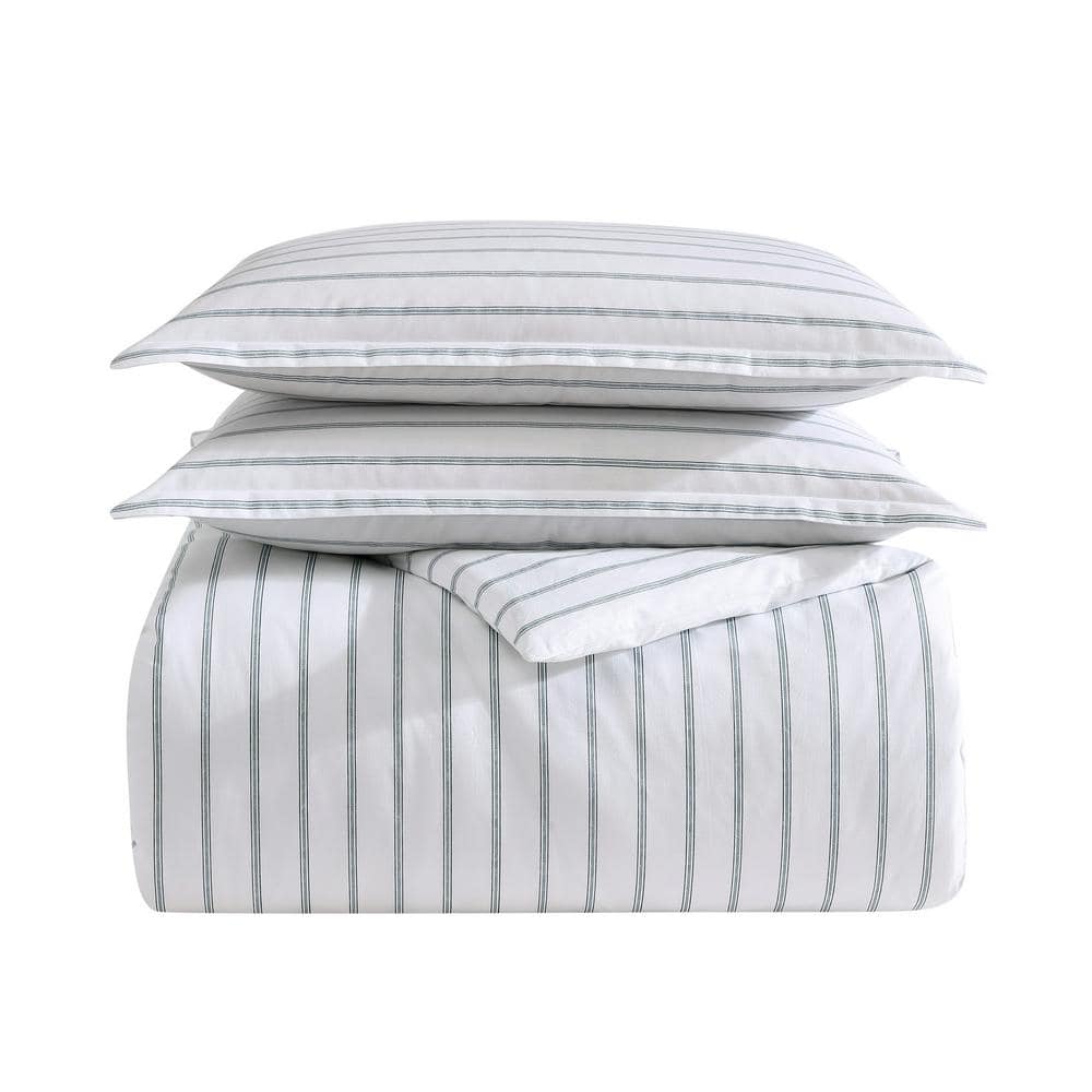Green Striped Cotton King Duvet Cover Set