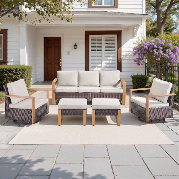 Kove Brown Wicker 5-Piece Patio Conversation Set Outdoor Sectional Seating Set with Matal Ottoman and Beige Cushion
