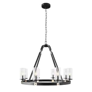 34.25 in. 8-Light Black Farmhouse Candle Style Wagon Wheel Chandelier Industrial Island Lights With Glass Shades
