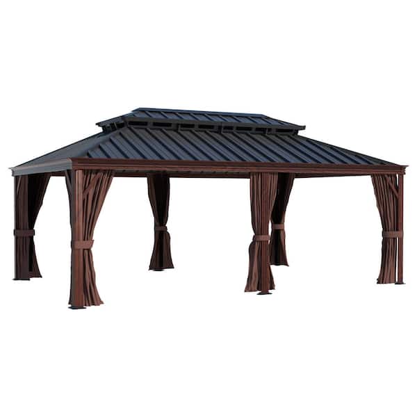 VEIKOUS 20 ft. x 14 ft. Wood Grain Aluminum Hardtop Gazebo Double Roof with Curtains and Netting