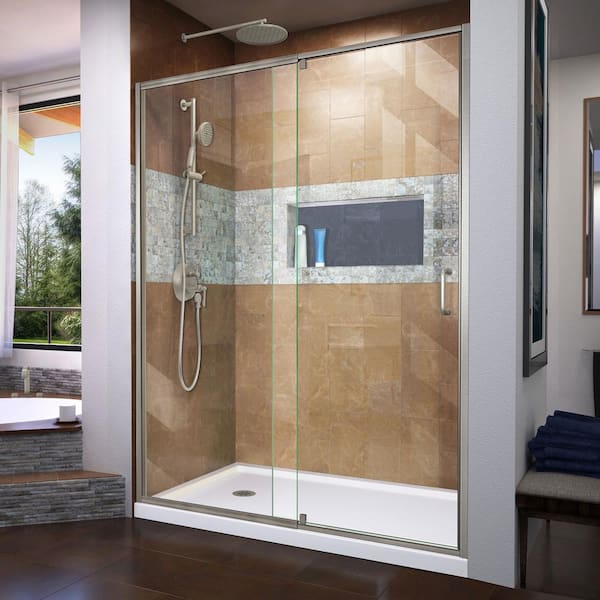 Flex 60 in. x 72 in. Semi-Frameless Pivot Shower Door in Brushed Nickel Finish with 60 in. x 32 in. Base in White
