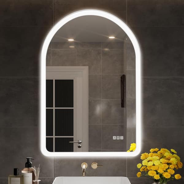 QueenFun Lindia 24 in. W x 36 in. H Arched Framed Anti-Fog Lighted Wall Mount Bathroom Vanity Mirror in White