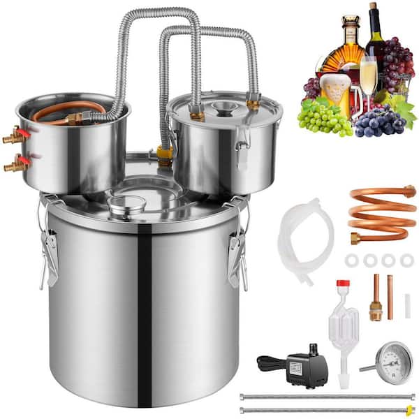Alcohol Still, 50 L / 13.2 Gal. Stainless Steel with Copper Coil, Dual Condenser, for Wine Whisky Brandy, Silver