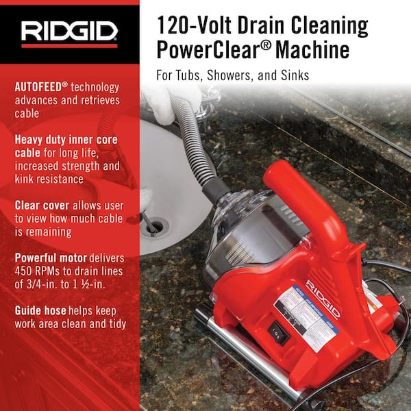 RIDGID PowerClear 120-Volt Drain Cleaning Snake Auger Machine for Heavy  Duty Pipe Cleaning for Tubs, Showers, and Sinks 55808 - The Home Depot