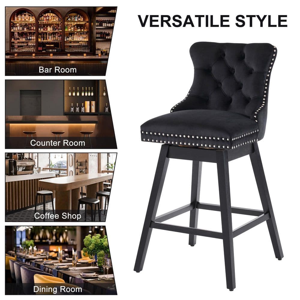Black Velvet Upholstered Swivel Counter Height Stools with Wood Legs, Set of 4