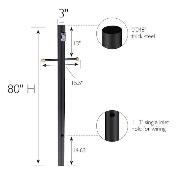 80" Black Outdoor Lamp Post with Cross Arm and Outlet for 3" Post Top Light Fixtures