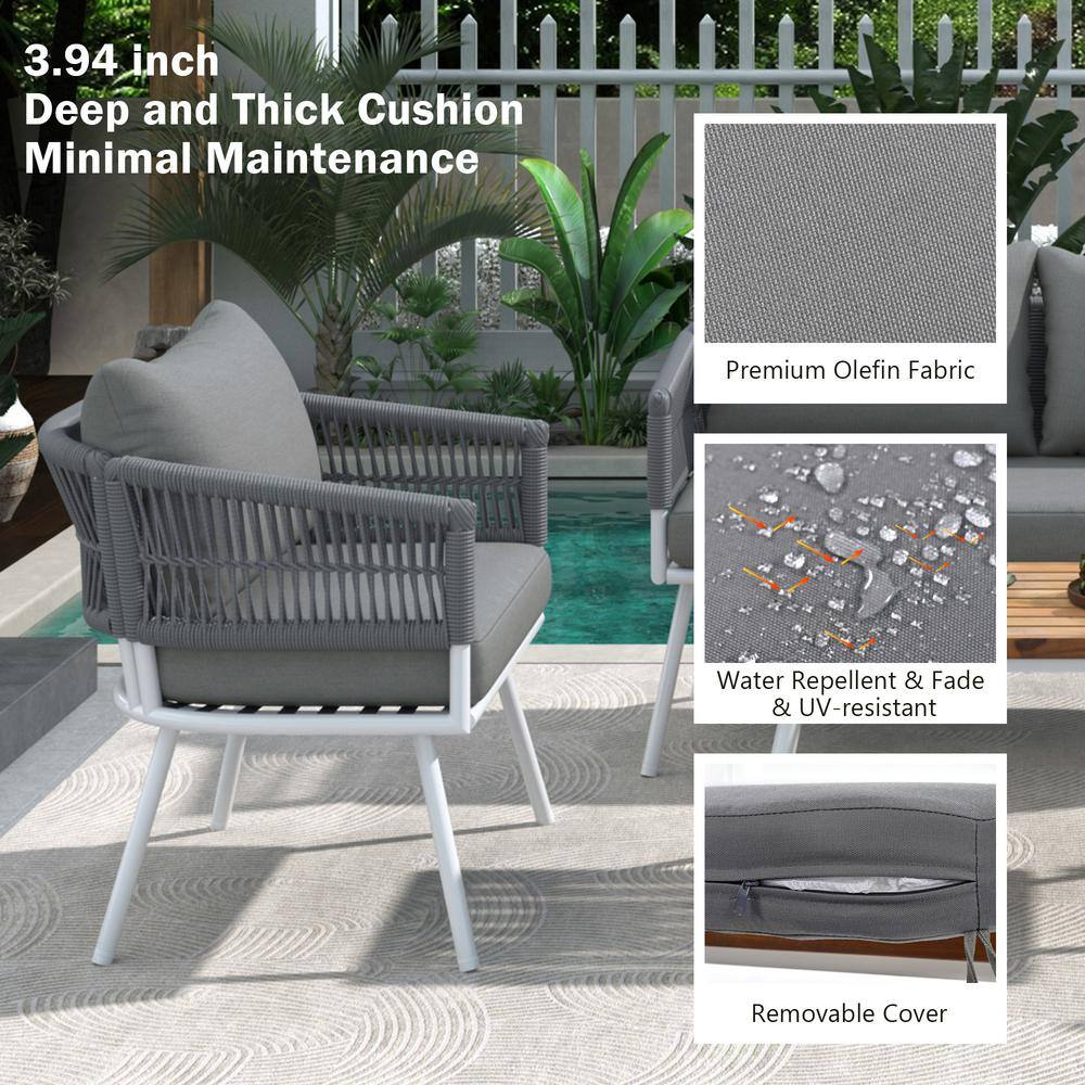 Gray Rope and White Iron Patio Furniture Set with Acacia Wood Table