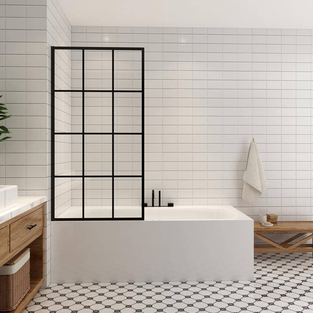 "Puente 34"" W x 58"" H Bathtub Screen Frameless Glass Shower Door Tempered Glass Shower Panel in Matte Black" price history on PriceWatchPro