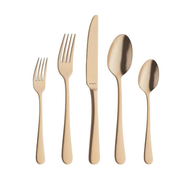 "Austin" Stainless Steel 18/0 Flatware Set, Matte Gold, 20-Pieces.