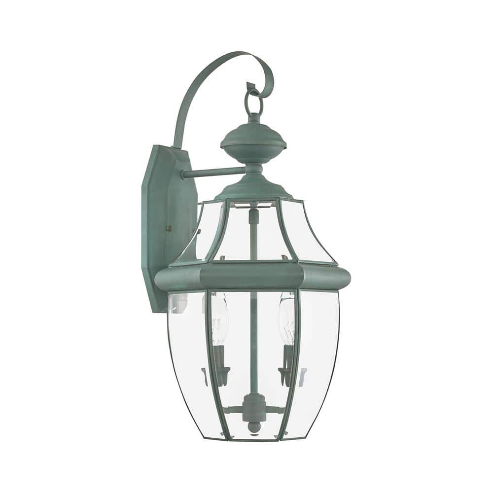 Verdigris Brass Dual-Light Lantern Wall Sconce with Clear Beveled Glass