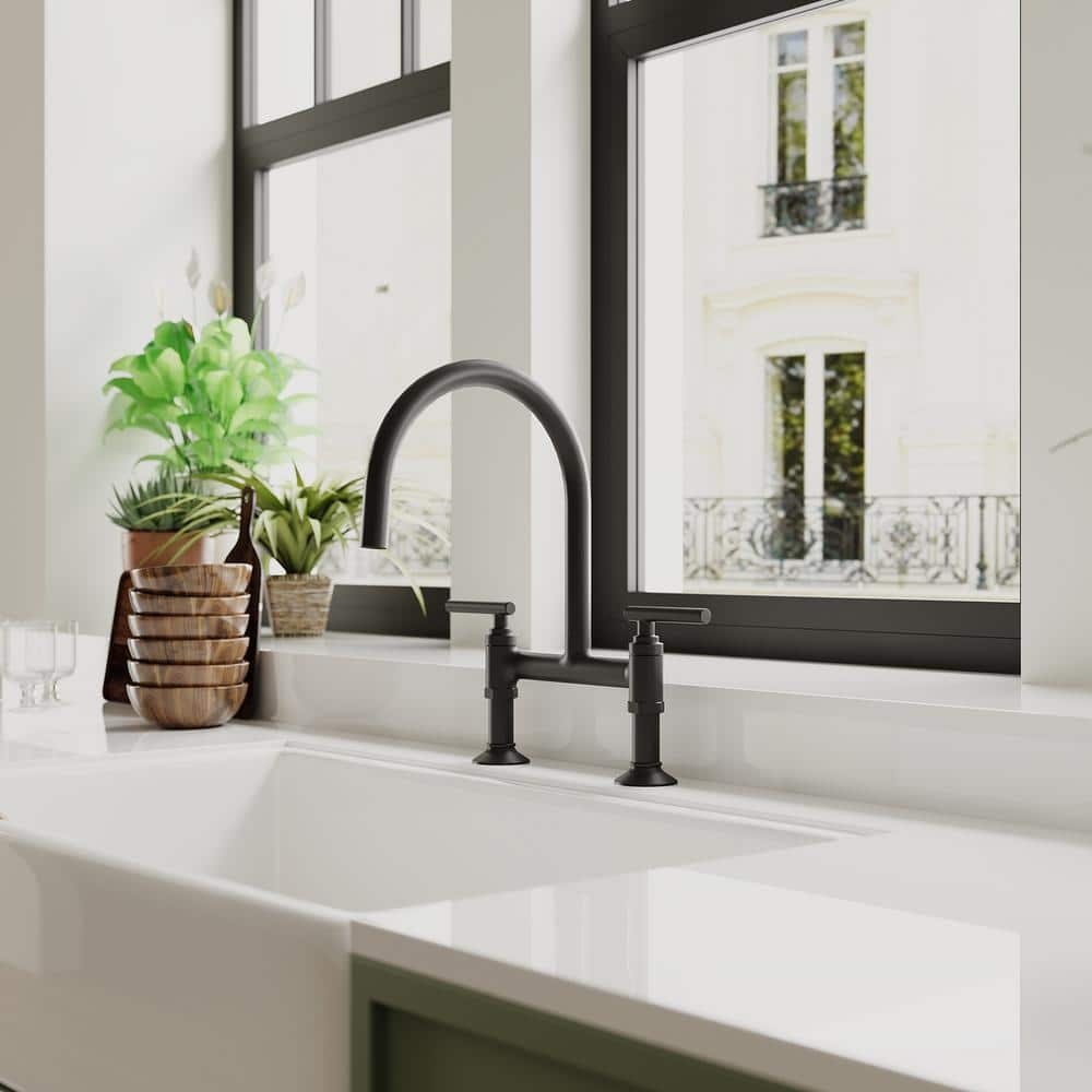 Matte Black Double-Handle Bridge Kitchen Faucet with High-Arc Spout