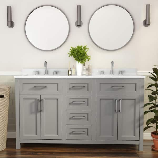 Vega 60 in. W x 18.5 in. D x 37.5 in. H Freestanding Bathroom Vanity in Gray with White Carrara Marble Finish Stone Top