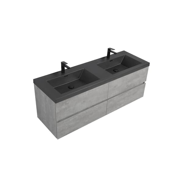 Dimakai 58.74 in. W Double Sinks Wall-Mounted Gray Bath Vanity With Matt Black Quartz Top Unassembled