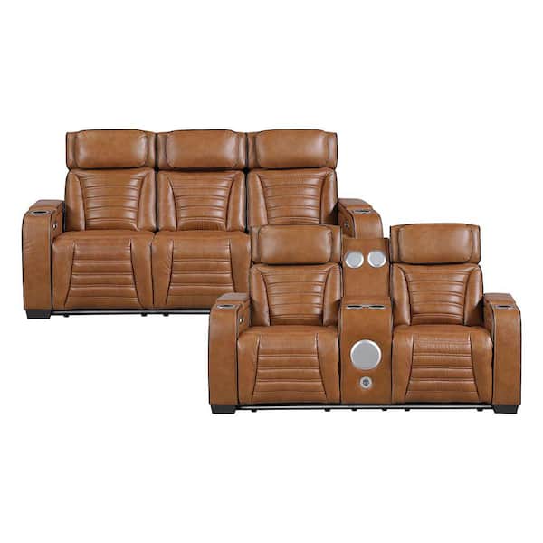 Bedos 84 in. W. Pillow Top Arm Top Grain Leather Rectangle 2-Piece Power Reclining Sofa Set in Brown