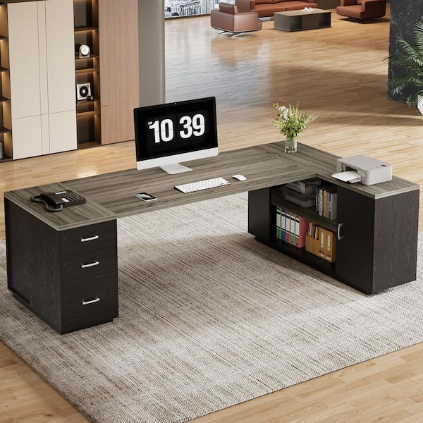 Capen 85.8 in. Gray and Black L-Shaped Executive Desk Extra Large Business Office Desk with Storage Drawers and Shelves