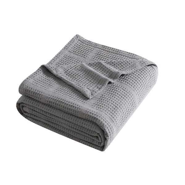 KENNETH COLE NEW YORK Waffle Grid 1-Piece Gray Solid Cotton Full/Queen Blanket